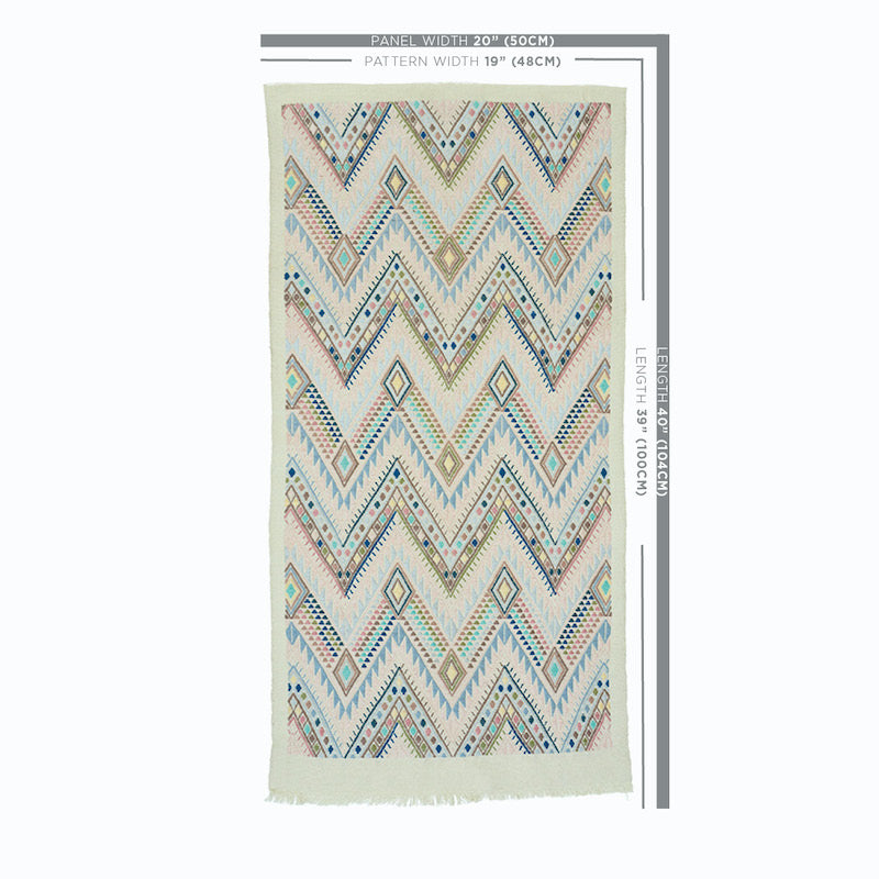 Boho patterned scarf with pastel chevron and diamond motifs in blues, beiges, mint and pink, fringed ends.