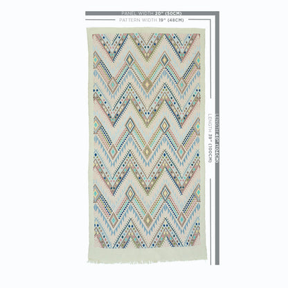 Boho patterned scarf with pastel chevron and diamond motifs in blues, beiges, mint and pink, fringed ends.