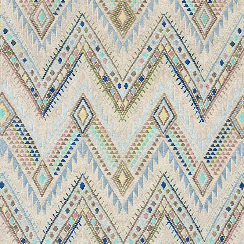 Pastel geometric chevron and diamond fabric pattern with triangles and dotted accents on beige background.