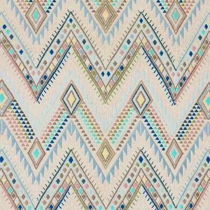 Pastel geometric chevron and diamond fabric pattern with triangles and dotted accents on beige background.
