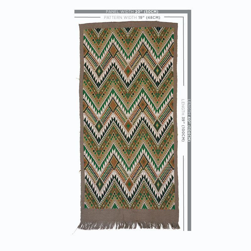 Woven rectangular scarf featuring emerald green, brown, black and ivory chevron zigzags with fringe ends.