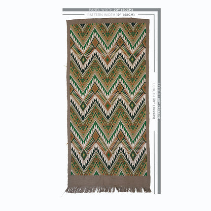 Woven rectangular scarf featuring emerald green, brown, black and ivory chevron zigzags with fringe ends.