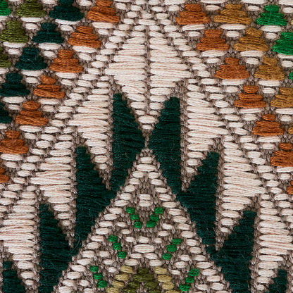 Hand-woven brocade textile with a geometric chevron pattern on a cream background in green, brown, rust, and olive.