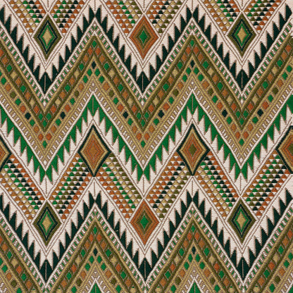 Woven tribal chevron textile with emerald green, olive, tan, beige and black diamond motifs in zigzag pattern.