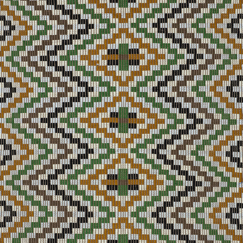 Geometric tribal woven textile pattern in olive green, mustard, black, white and brown with diamond and chevron shapes.
