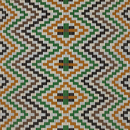 Geometric tribal woven textile pattern in olive green, mustard, black, white and brown with diamond and chevron shapes.