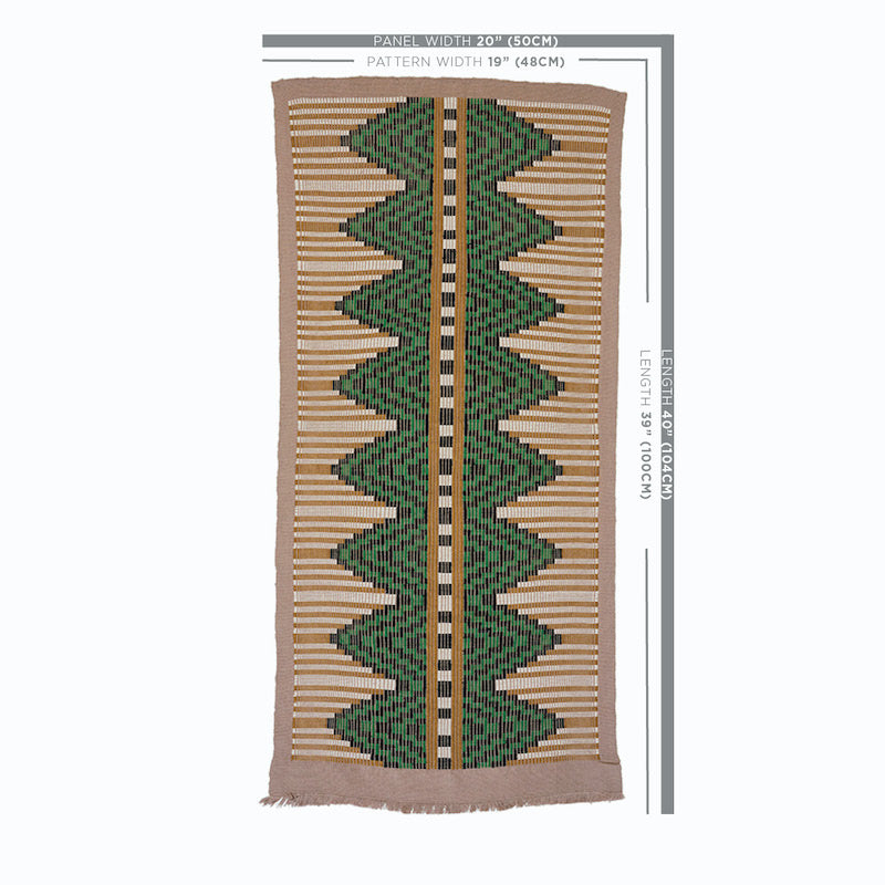 Rectangular woven rug with green zigzag chevron pattern on tan beige background; fringed ends, boho tribal style