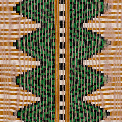 Geometric hand-woven textile with green zigzag diamonds on black and tan-gold background, and a central white-black checkered gold stripe.