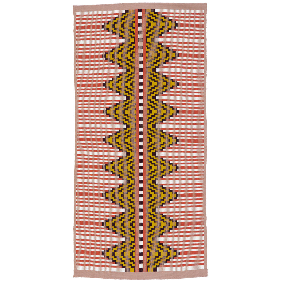 Long woven fabric with pink base and white stripes, featuring bold yellow zigzag diamonds outlined in black along a center line.