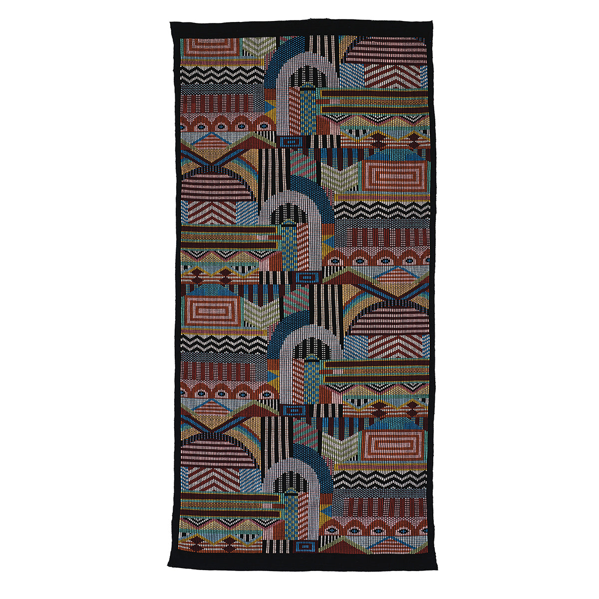 Long rectangular hand-woven brocade-pattern scarf with bold geometric designs in red, blue, teal, orange, yellow and a black border.