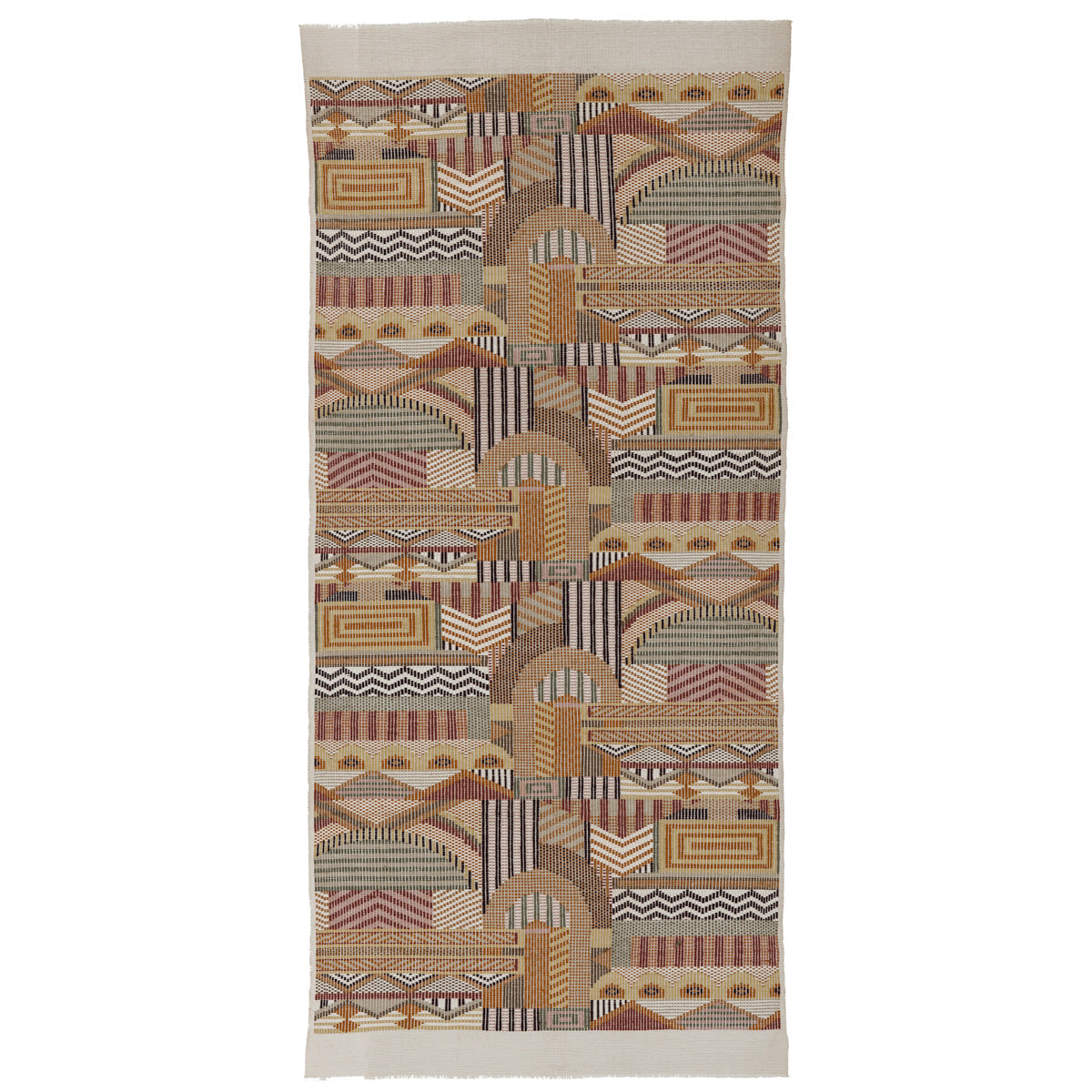 Geometric hand-woven brocade runner rug in earthy browns, beiges, mustard and rust with arches, chevrons and rectangular motifs, fringed.