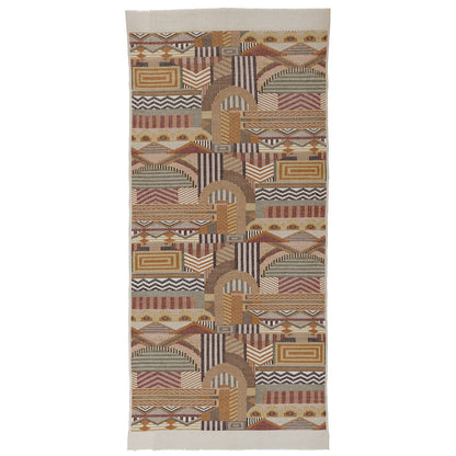 Geometric hand-woven brocade runner rug in earthy browns, beiges, mustard and rust with arches, chevrons and rectangular motifs, fringed.