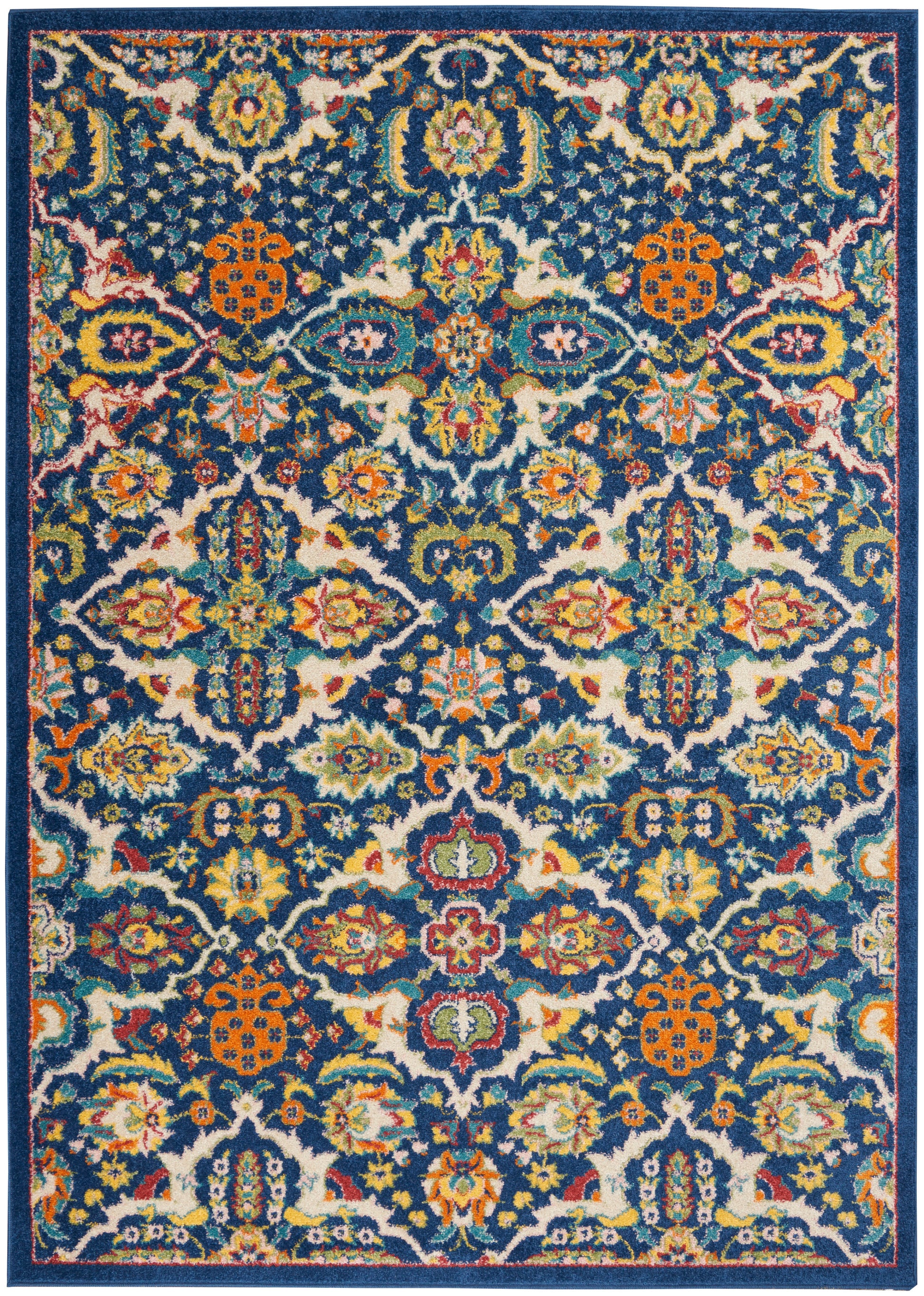 Multicolor blue oriental rug with intricate floral damask pattern in orange, teal, yellow on navy border.