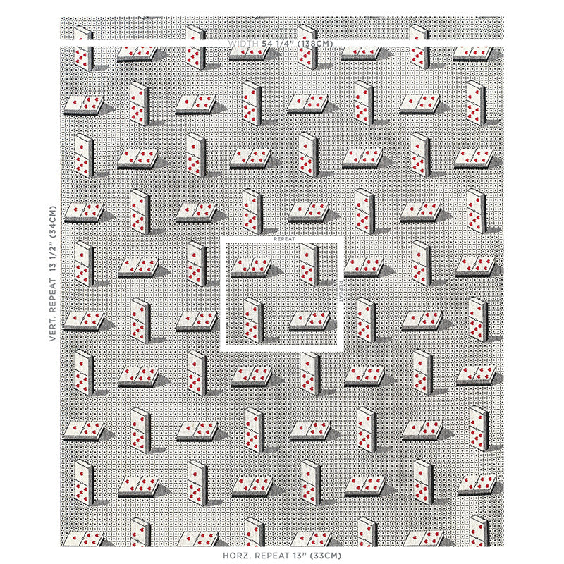 Black woven fabric with a repeatable domino tile pattern; white tiles with red pips.