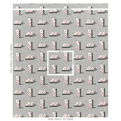 Black woven fabric with a repeatable domino tile pattern; white tiles with red pips.