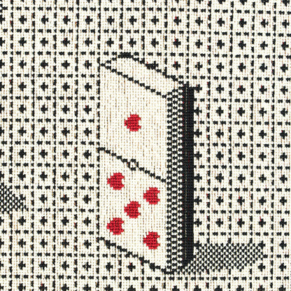 Black woven tapestry featuring a tilted domino tile with red pips on a grid pattern.