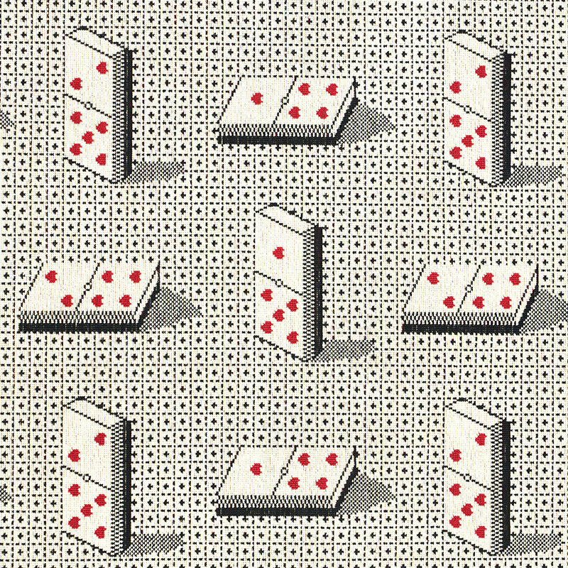 Repeat domino tile motif on a black woven fabric; white tiles with red pips, some tiles upright and others flat.