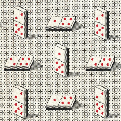 Repeat domino tile motif on a black woven fabric; white tiles with red pips, some tiles upright and others flat.