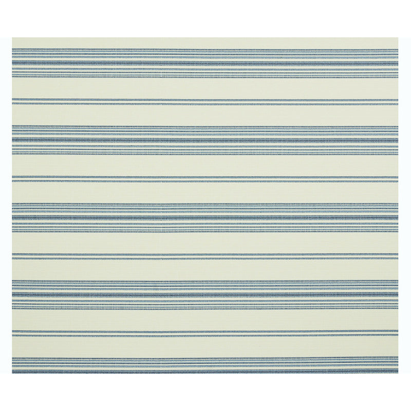 Horizontal navy blue stripes of varying thickness on a pale beige background; indoor/outdoor striped woven fabric pattern.