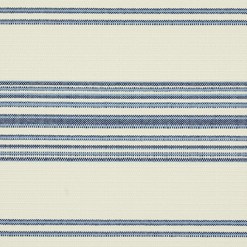 Beige woven fabric with navy blue horizontal stripes in varying thickness; nautical striped textile.