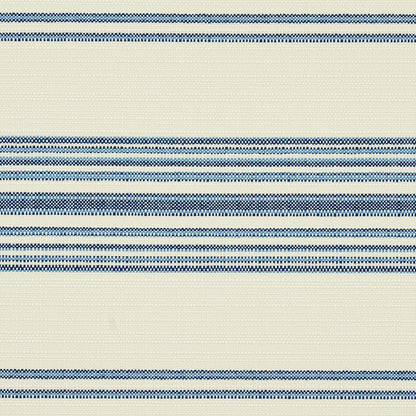 Beige woven fabric with navy blue horizontal stripes in varying thickness; nautical striped textile.