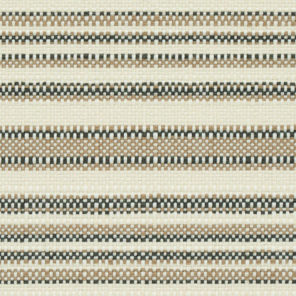 Beige woven fabric with thin cream, tan, black and brown striped bands in a small checkered pattern.