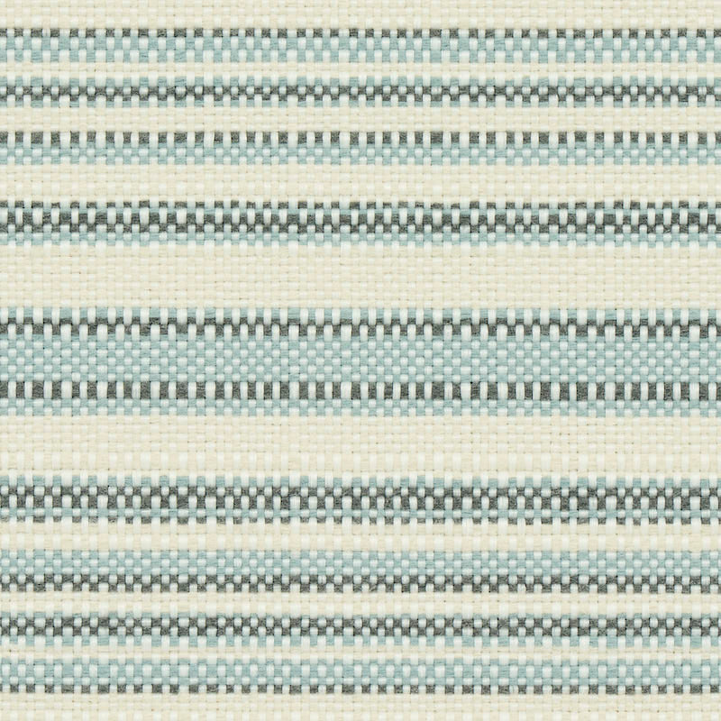 Beige woven fabric with pale blue and gray horizontal stripes; textured pattern.