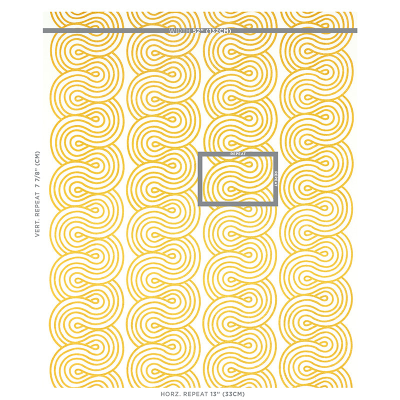 Golden yellow circular concentric swirl embroidery pattern on fabric.