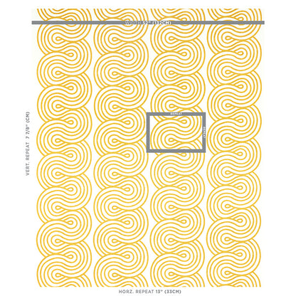 Golden yellow circular concentric swirl embroidery pattern on fabric.