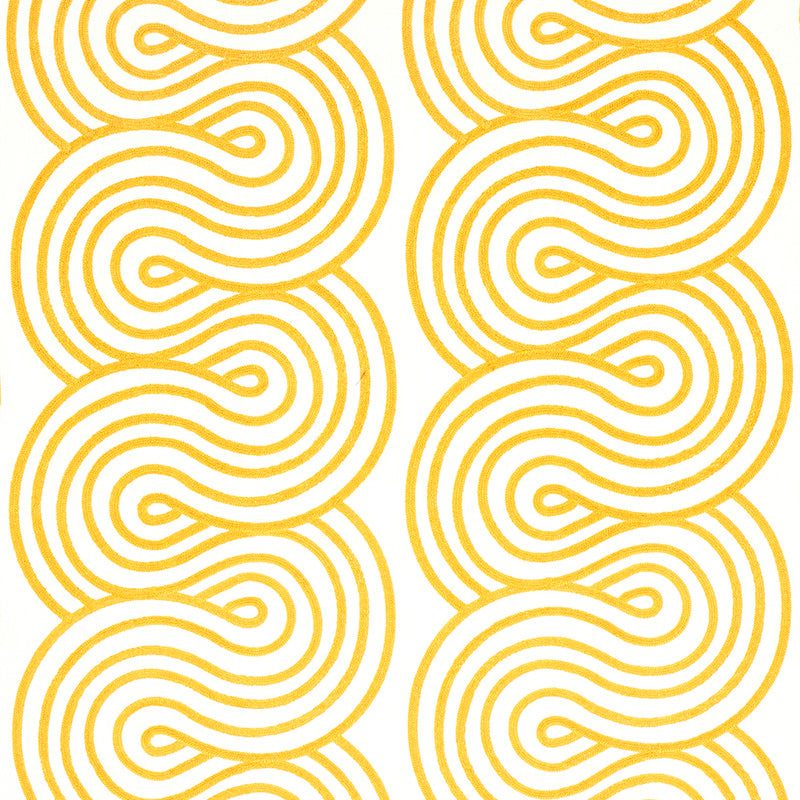 Bold golden-yellow interlocking swirl pattern on white; retro geometric wallpaper or textile print.