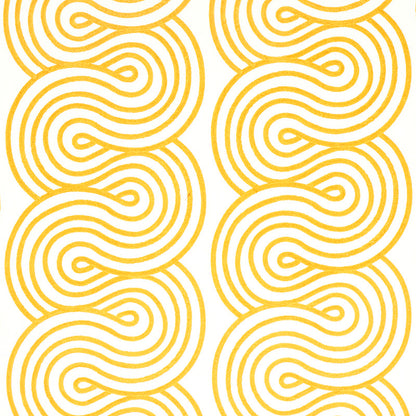 Bold golden-yellow interlocking swirl pattern on white; retro geometric wallpaper or textile print.