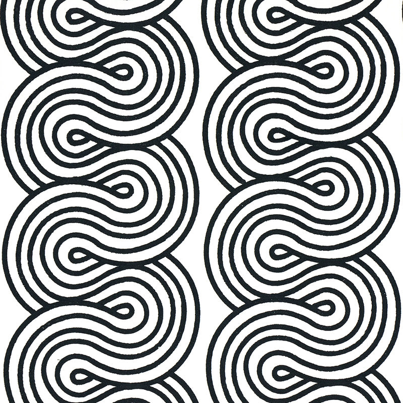 Bold black and white wavy line pattern with looping curves in two columns, ideal for fabric or wallpaper.