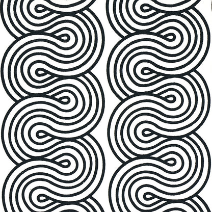 Bold black and white wavy line pattern with looping curves in two columns, ideal for fabric or wallpaper.