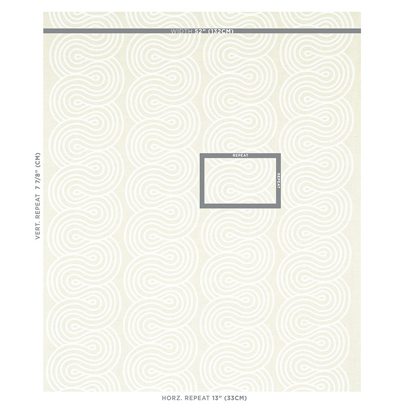 Cream fabric with a pale gray circular swirl embroidery pattern; tile preview with a center repeat box.
