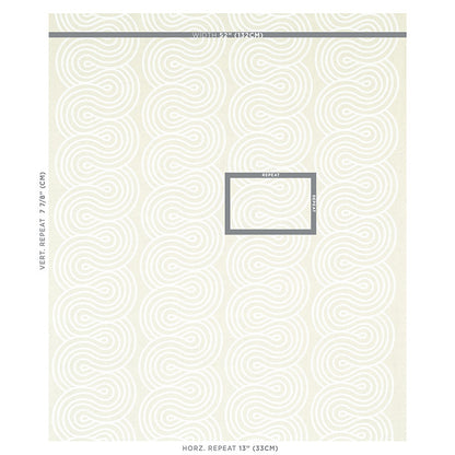 Cream fabric with a pale gray circular swirl embroidery pattern; tile preview with a center repeat box.