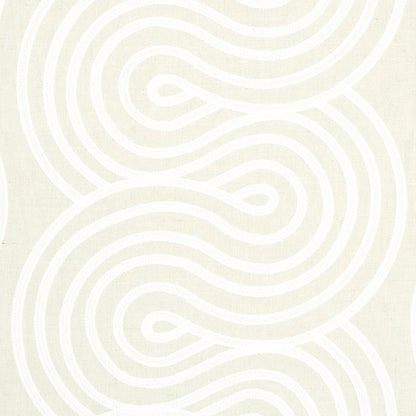 Cream fabric with bold white looping embroidery motif; soft textile for modern decor.