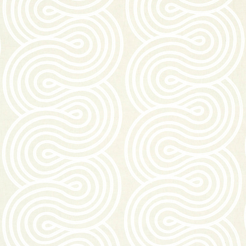 Beige wallpaper featuring white concentric swirl arches in a repeating geometric pattern
