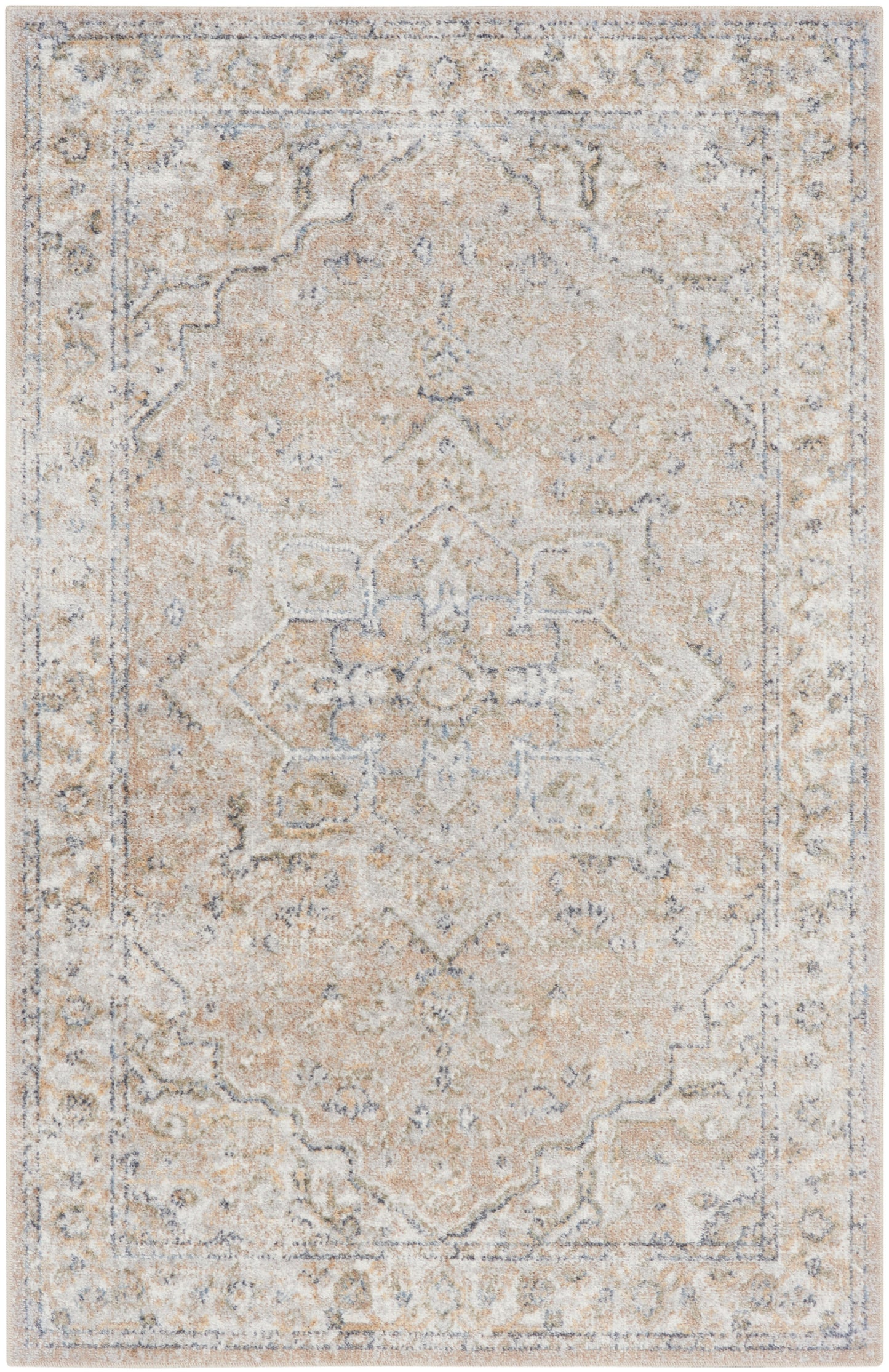 Beige, ivory and light blue-gray distressed oriental area rug with a central medallion and ornate border.