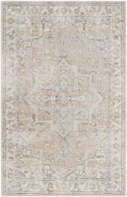 Beige, ivory and light blue-gray distressed oriental area rug with a central medallion and ornate border.