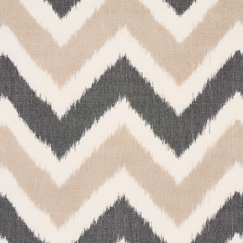 Textured chevron zigzag fabric in beige, cream and charcoal gray; modern geometric pattern for home decor.