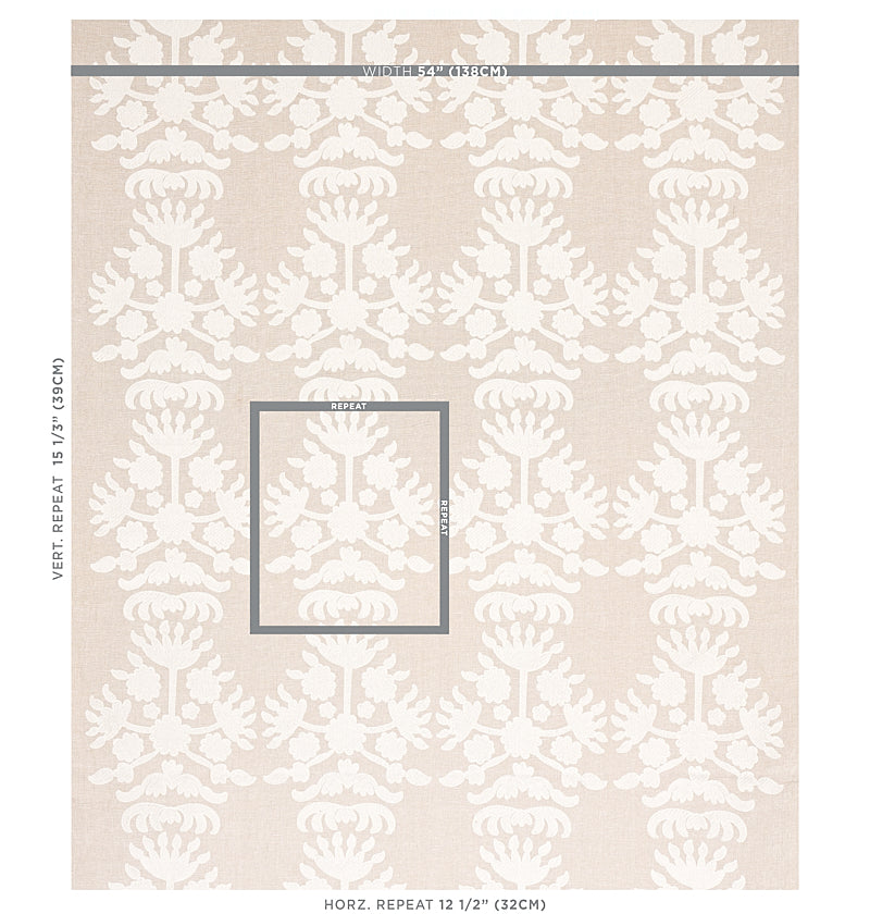 Beige damask-pattern wallpaper with white ornate floral motifs; sample sheet with gray frame showing repeat.
