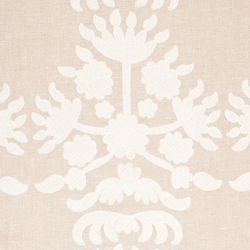 Beige damask wallpaper with white floral medallions and leafy motifs; linen texture, classic elegance.