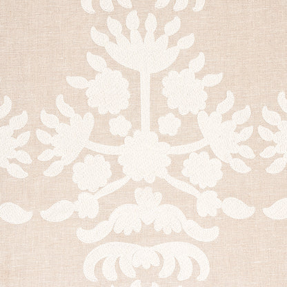 Beige damask wallpaper with white floral medallions and leafy motifs; linen texture, classic elegance.