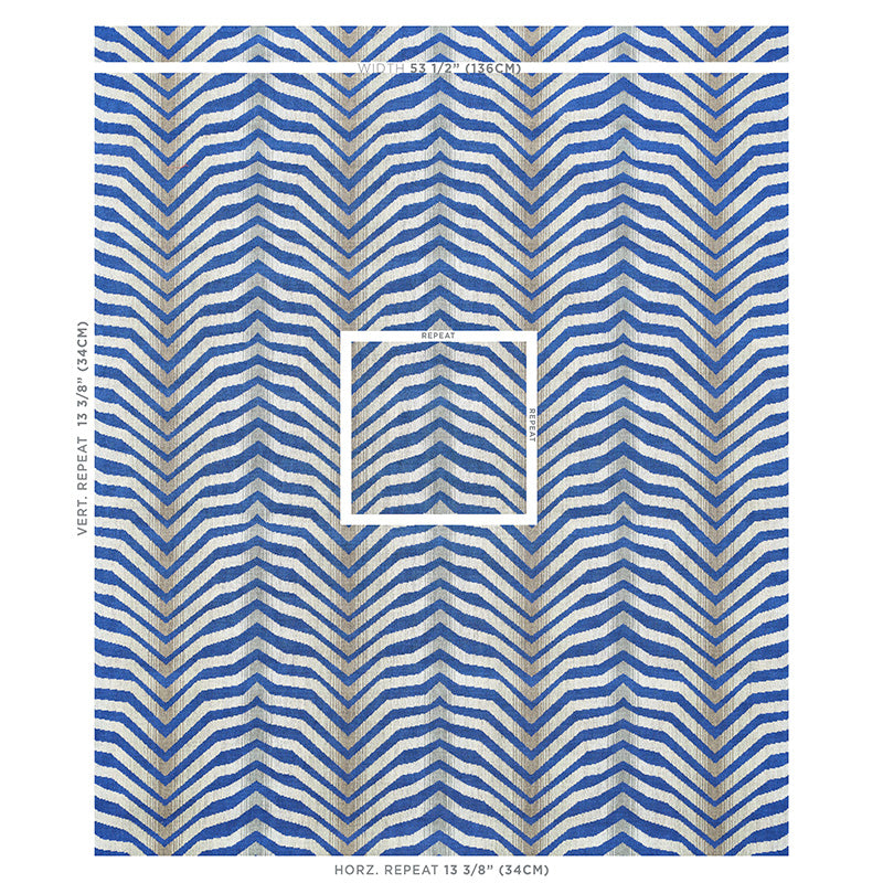 Blue and beige chevron zigzag pattern in a repeating tile; bold geometric wallpaper or fabric design.
