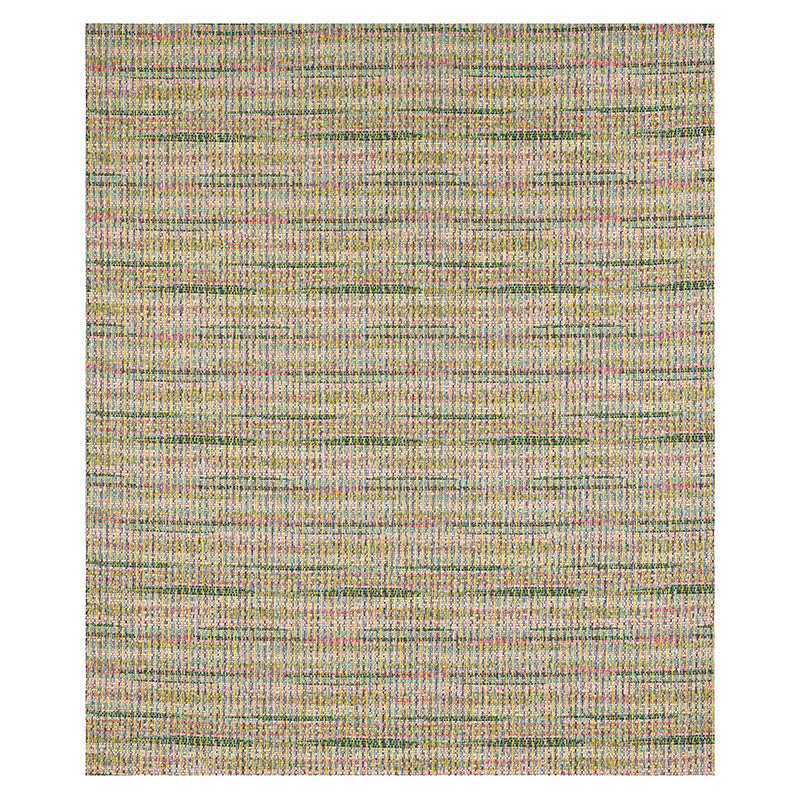 Multicolor woven area rug with soft horizontal stripes in beige, pink, green and blue.