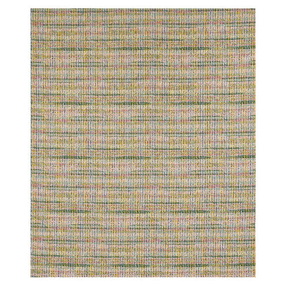Multicolor woven area rug with soft horizontal stripes in beige, pink, green and blue.