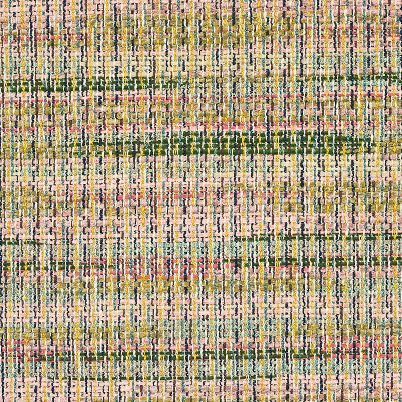 Close-up of a multicolored woven textile with pink, olive, yellow and cream tones in a striped, textured pattern.
