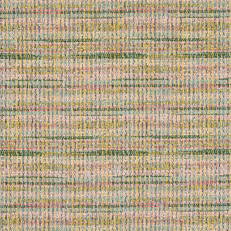 Beige woven tweed fabric with pastel multicolor threads and fine texture; suitable for upholstery or apparel.
