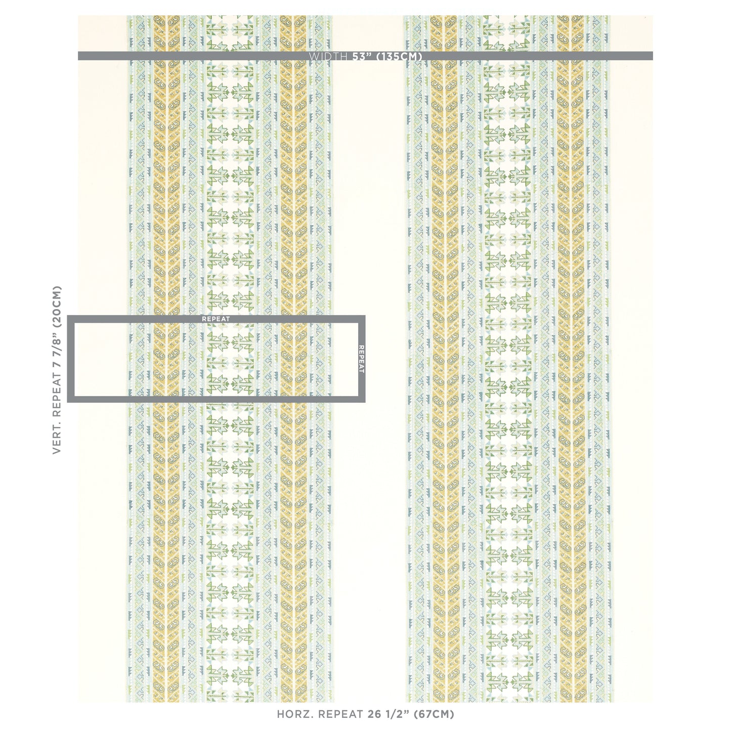 Pastel striped embroidery fabric with green, blue and yellow geometric motifs; vertical repeat pattern.