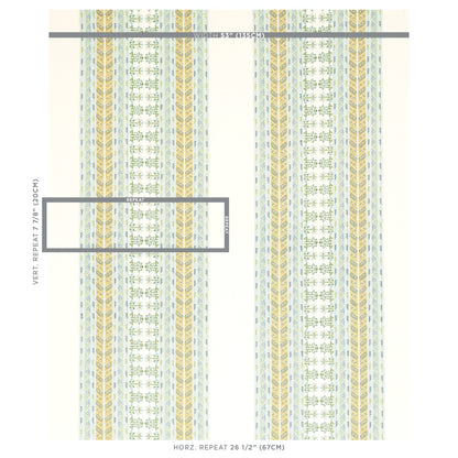 Pastel striped embroidery fabric with green, blue and yellow geometric motifs; vertical repeat pattern.